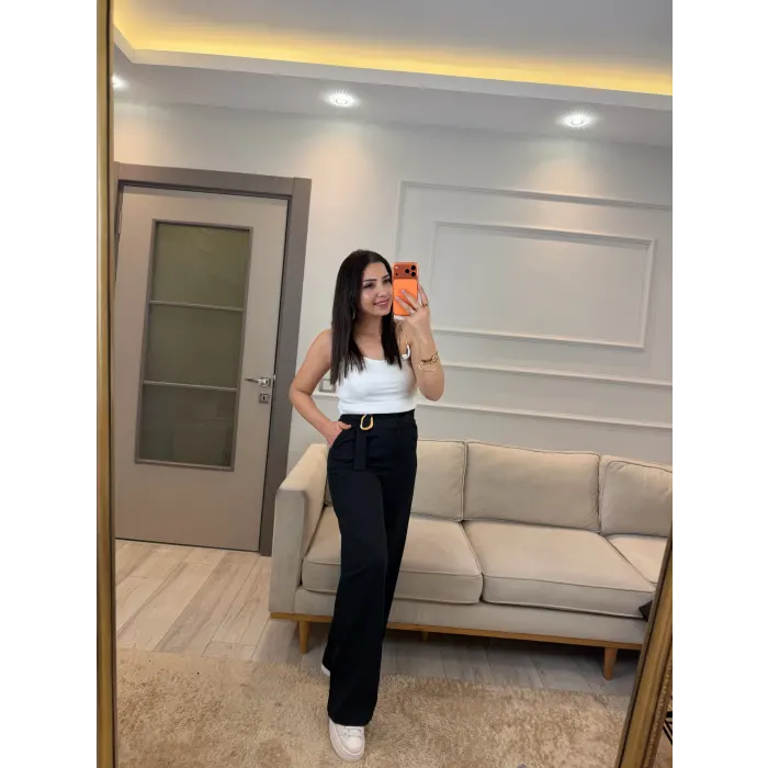 Kuşak Ve Toka Detaylı Palazzo Pantolon