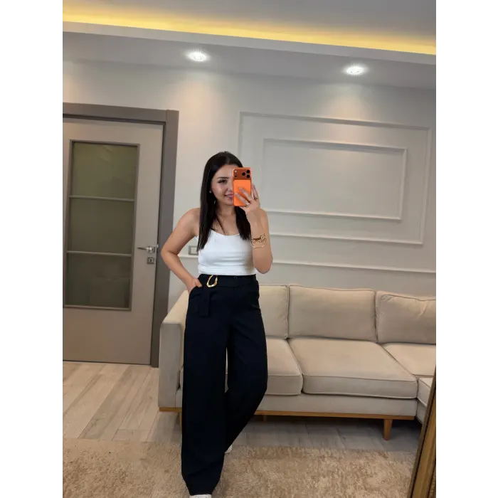 Kuşak Ve Toka Detaylı Palazzo Pantolon