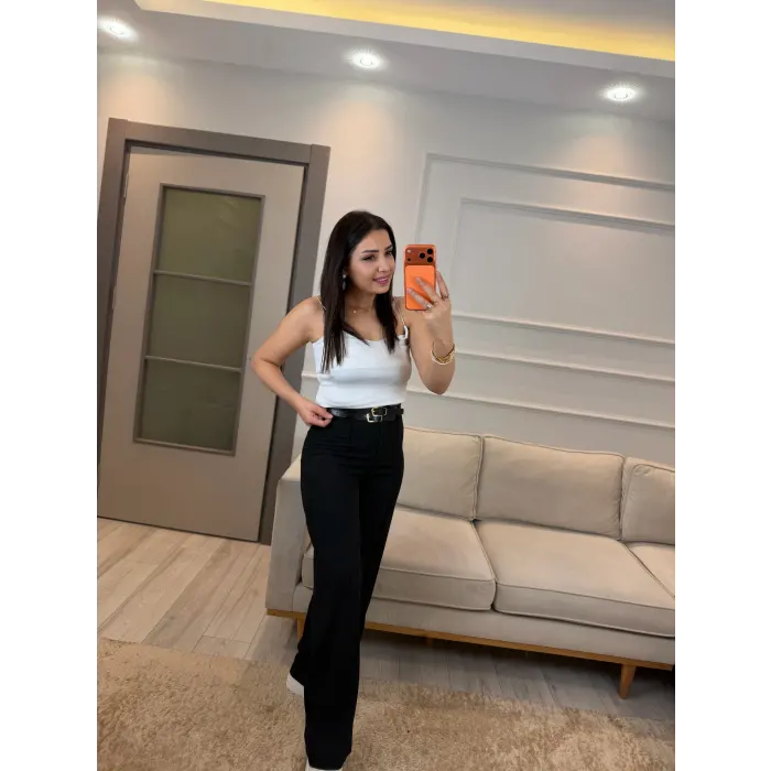 Çift Kemer Detaylı Poliviskon Pantolon