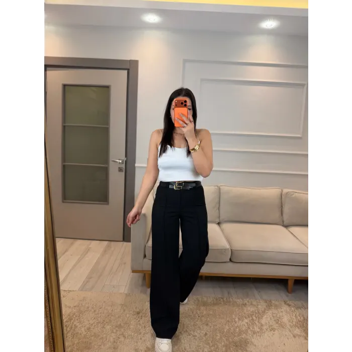 Çift Kemer Detaylı Poliviskon Pantolon