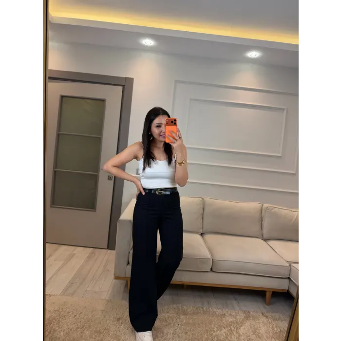 Çift Kemer Detaylı Poliviskon Pantolon