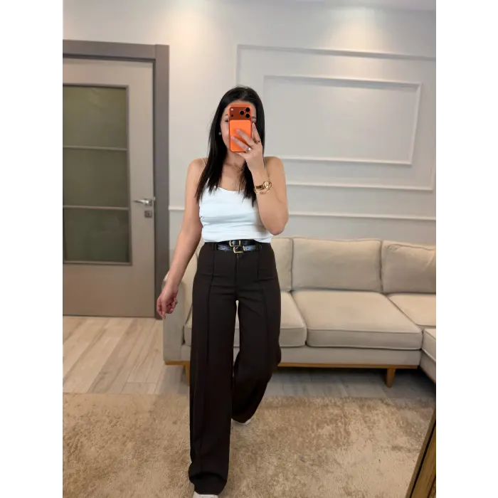 Çift Kemer Detaylı Poliviskon Pantolon