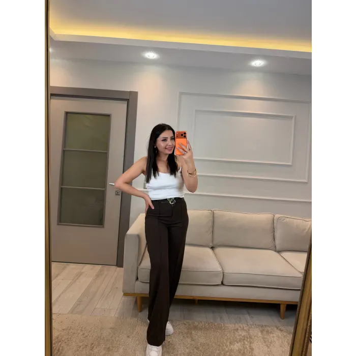 Çift Kemer Detaylı Poliviskon Pantolon