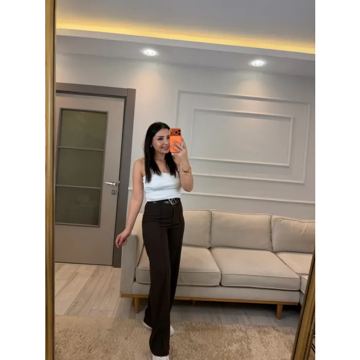 Çift Kemer Detaylı Poliviskon Pantolon