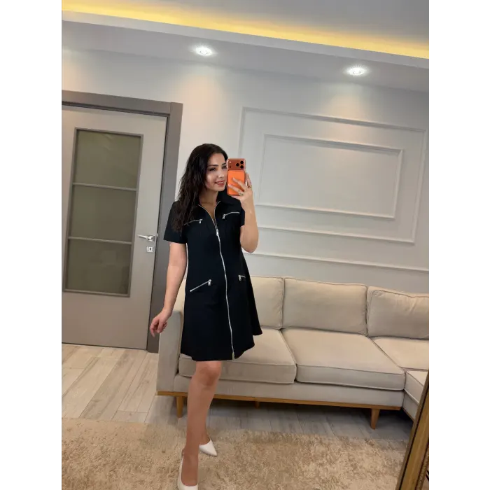 Fermuarlı Cep Detaylı Elbise