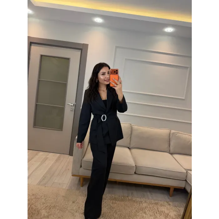 Broş Taş Detaylı Blazer Ceket Pantolon Takım