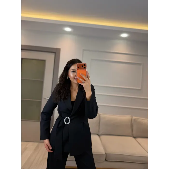 Broş Taş Detaylı Blazer Ceket Pantolon Takım