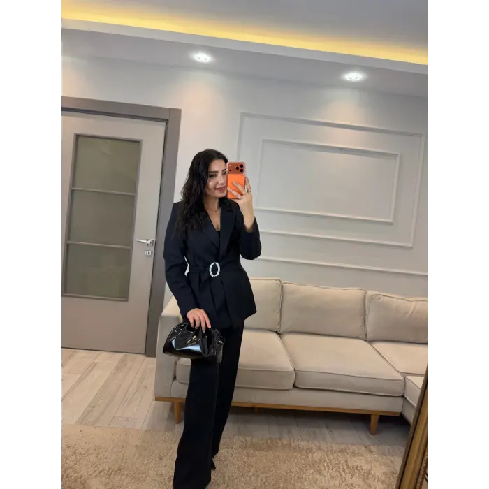 Broş Taş Detaylı Blazer Ceket Pantolon Takım