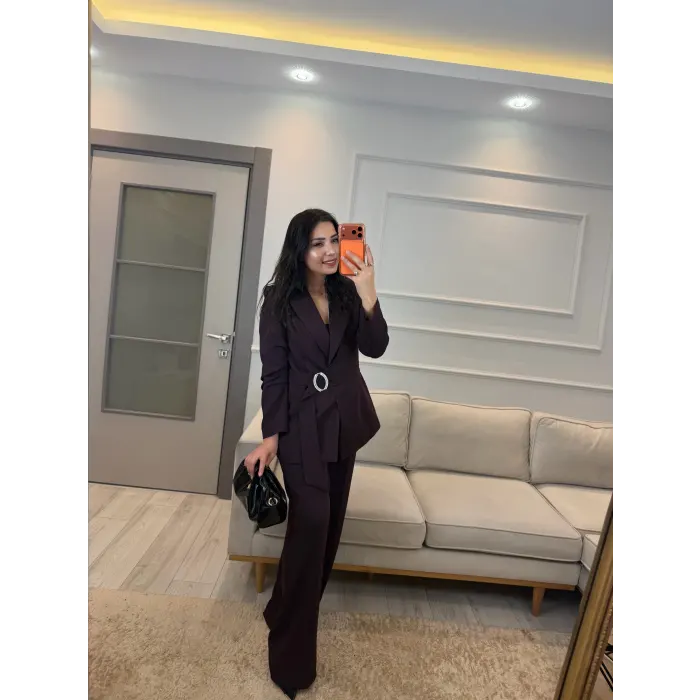 Broş Taş Detaylı Blazer Ceket Pantolon Takım