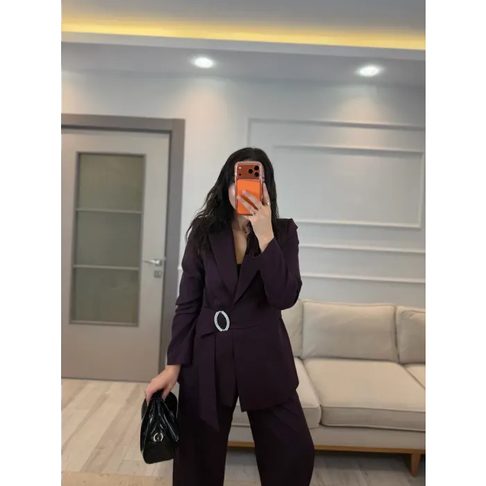 Broş Taş Detaylı Blazer Ceket Pantolon Takım
