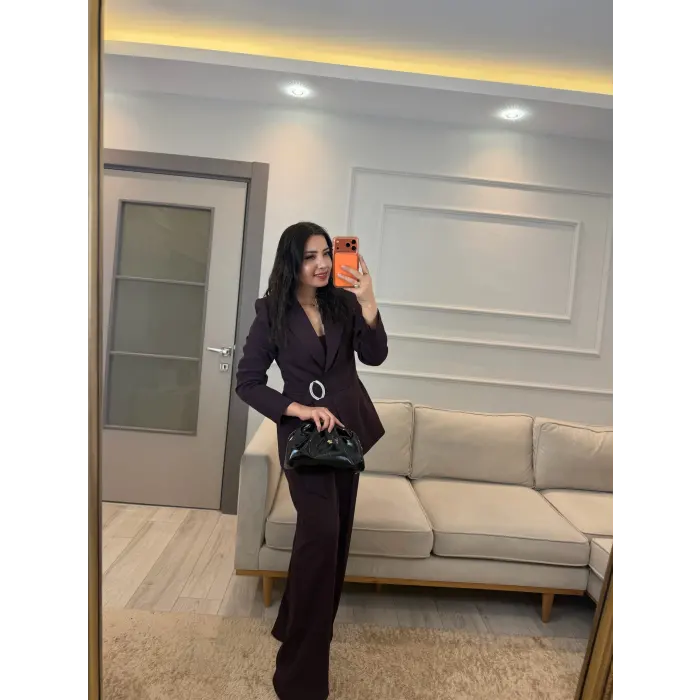 Broş Taş Detaylı Blazer Ceket Pantolon Takım