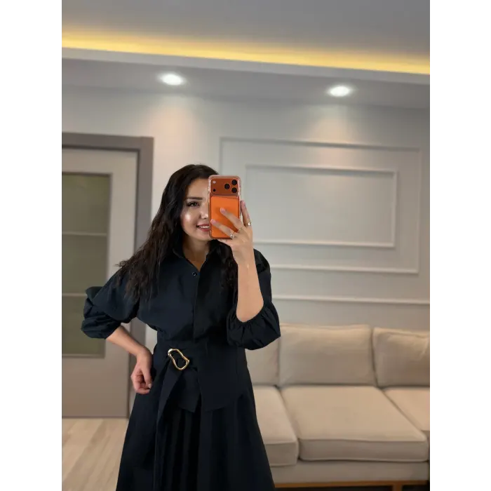 Gold Toka Detaylı Gömlek Etek Takım