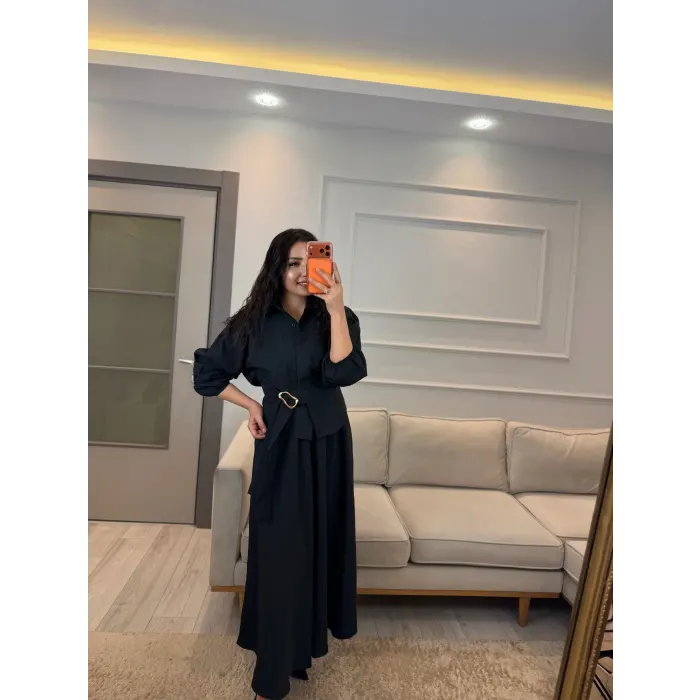 Gold Toka Detaylı Gömlek Etek Takım