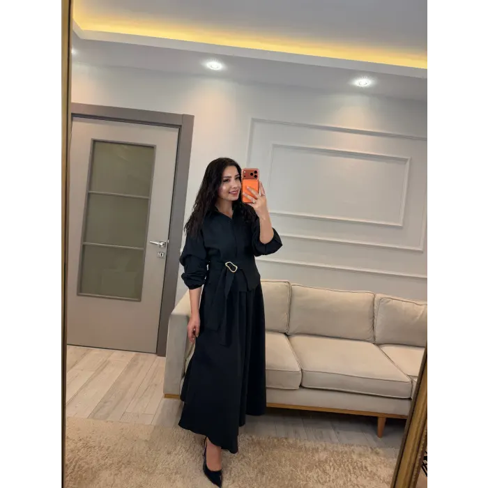 Gold Toka Detaylı Gömlek Etek Takım