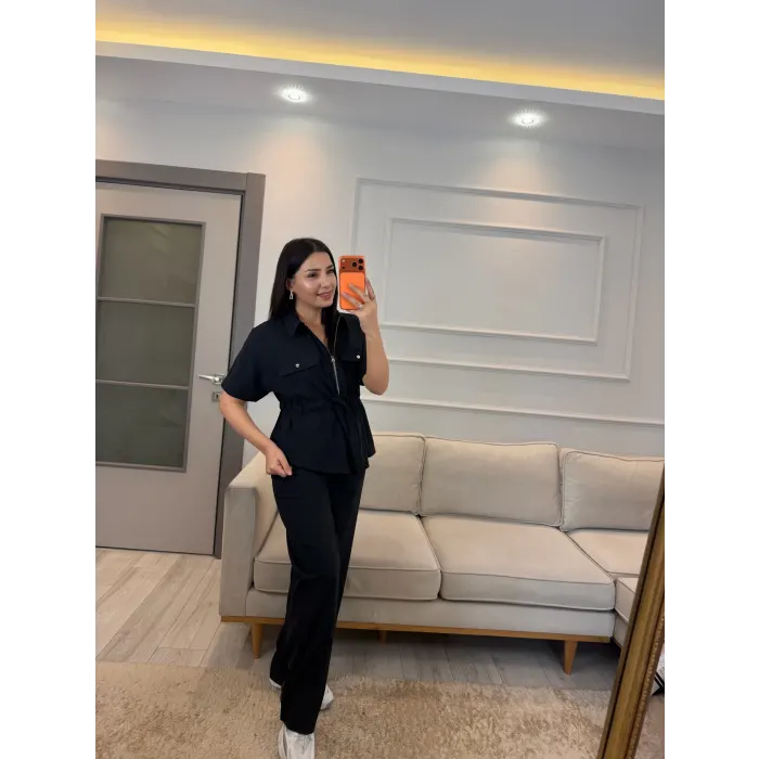 Fermuarlı Bel Büzgülü Tensel Takım