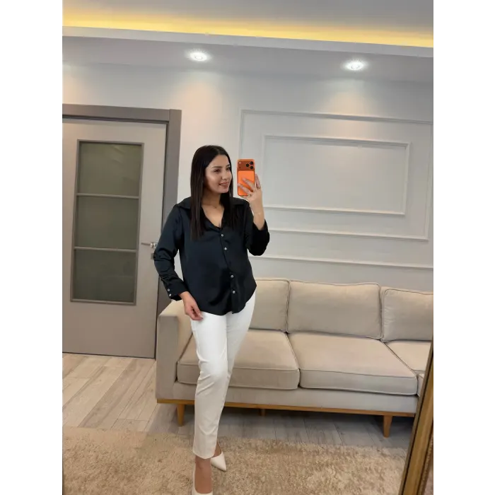 Sedef Düğmeli Saten Gömlek