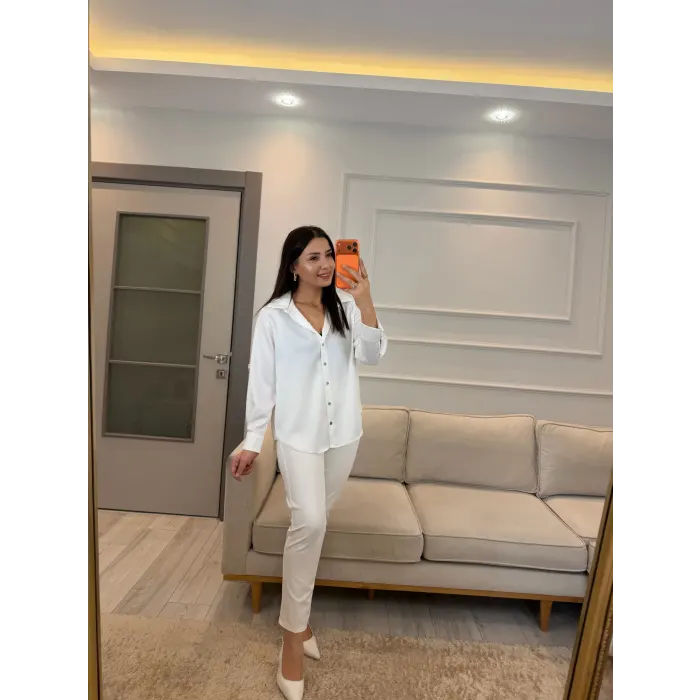 Sedef Düğmeli Saten Gömlek