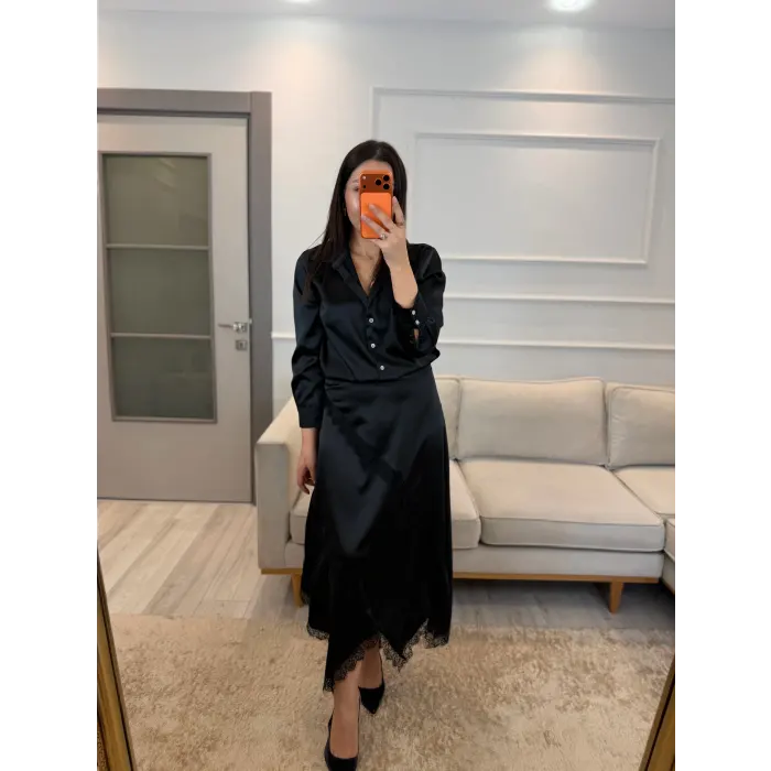 Saten Çapraz Dantel Etek