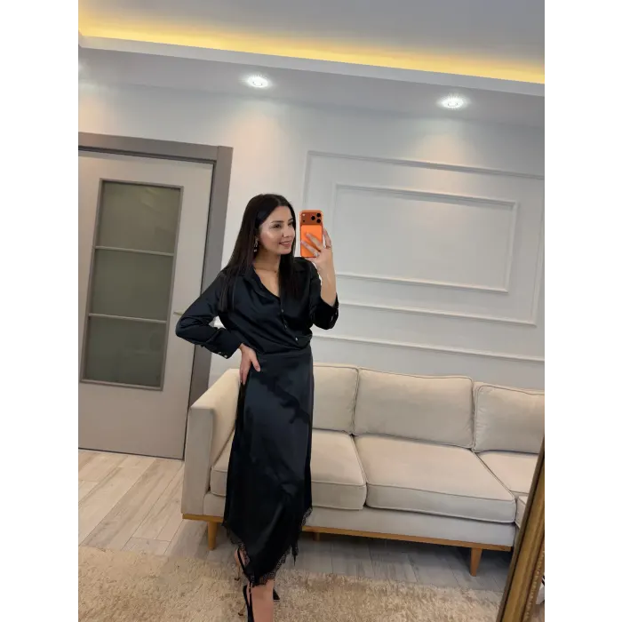 Saten Çapraz Dantel Etek