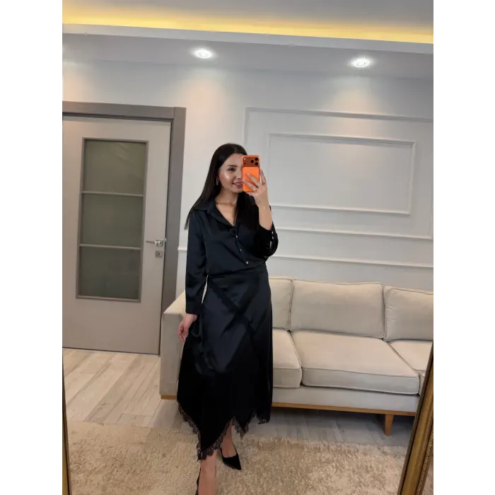 Saten Çapraz Dantel Etek