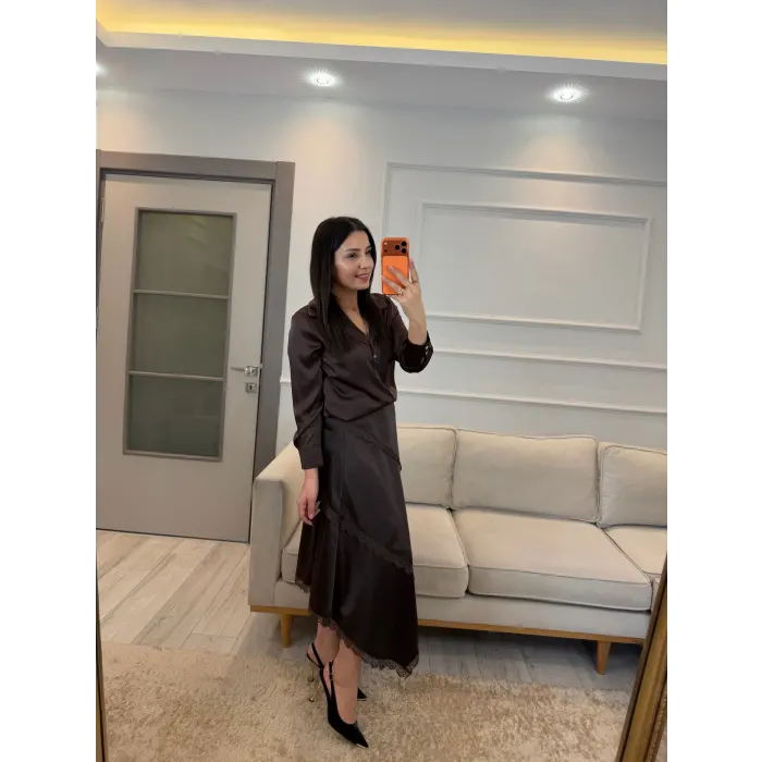 Saten Çapraz Dantel Etek