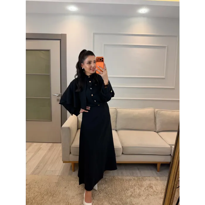 Pelerin Detaylı Etek Gömlek Takım