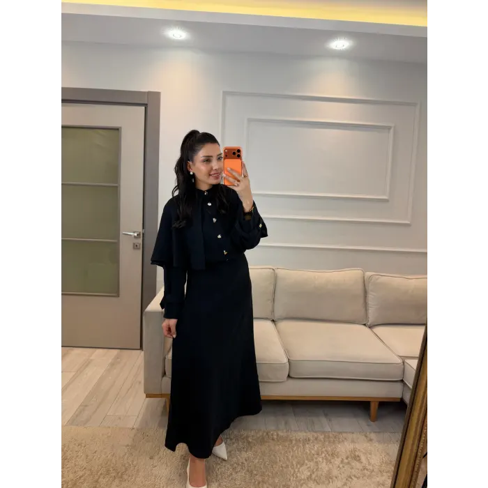 Pelerin Detaylı Etek Gömlek Takım