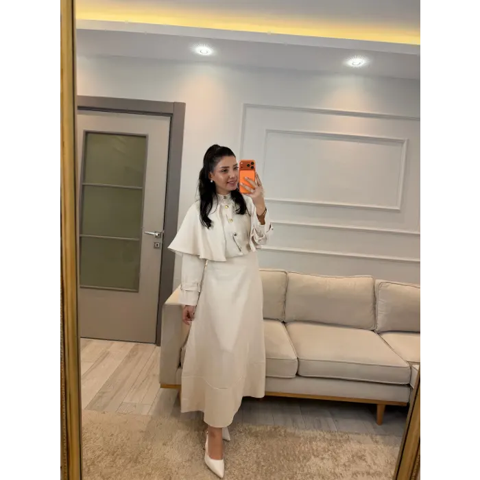 Pelerin Detaylı Etek Gömlek Takım