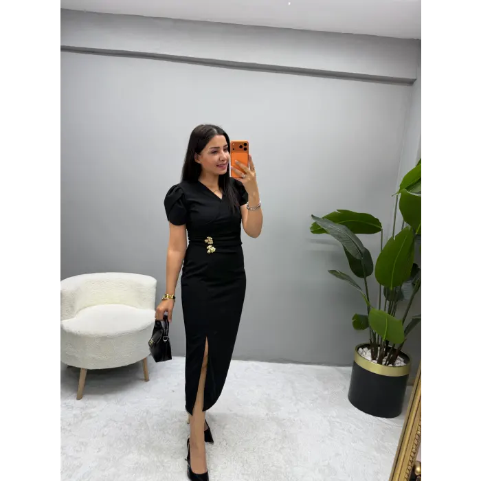 Kruvaze Gold Aksesuarlı Elbise