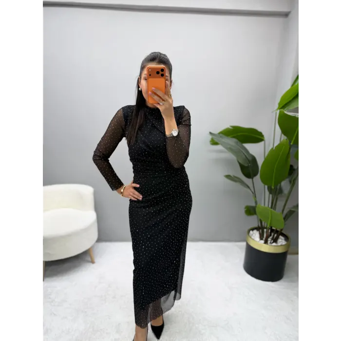 Tül Taşlı Drape Yaka Elbise