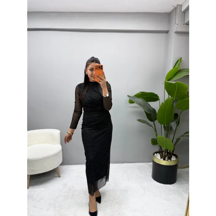 Tül Taşlı Drape Yaka Elbise