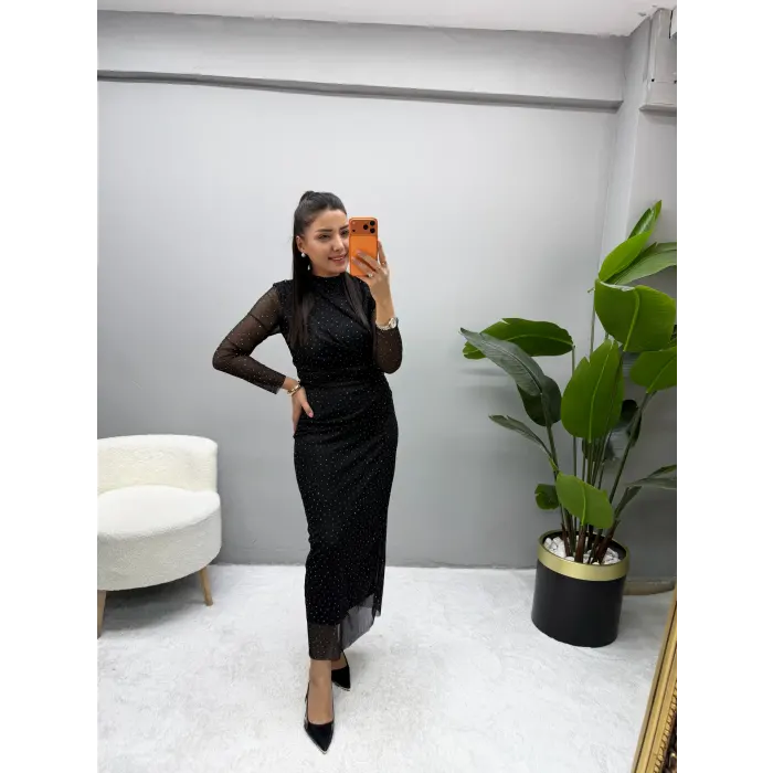 Tül Taşlı Drape Yaka Elbise