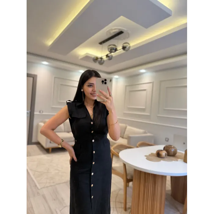Zra Model Yan Tokalı Keten Elbise