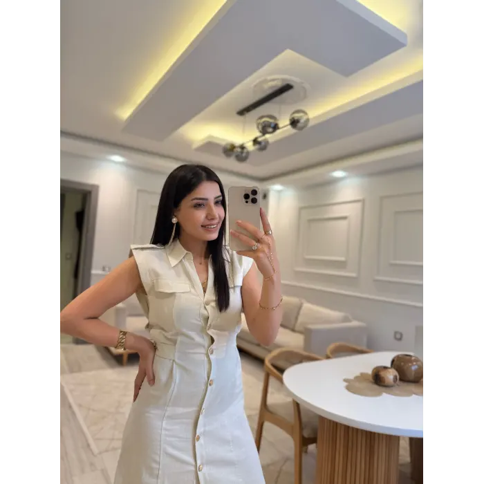 Zra Model Yan Tokalı Keten Elbise