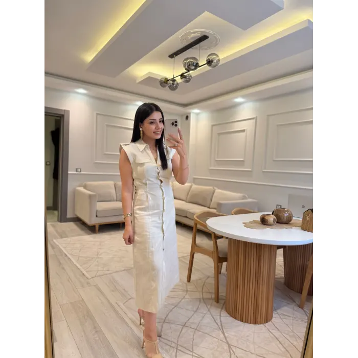 Zra Model Yan Tokalı Keten Elbise