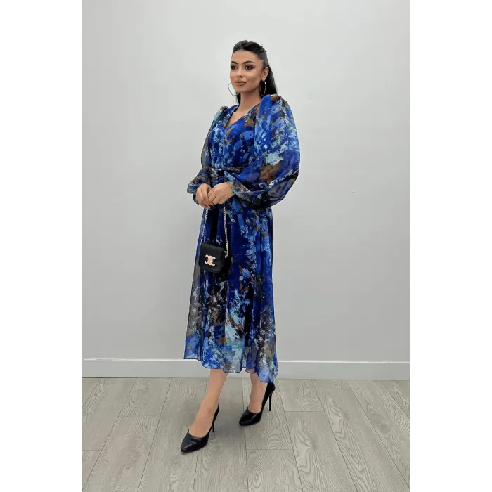 Berta Şifon Desenli Bel Lastikli Midi Elbise