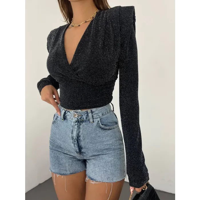 Amotis Simli Vatkalı Kruvaze Bluz