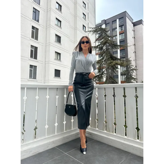 Arinsax Çıtçıtlı Önden Yırtmaçlı Deri Etek