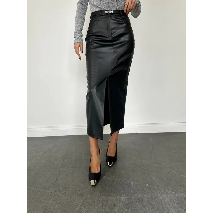 Arinsax Çıtçıtlı Önden Yırtmaçlı Deri Etek