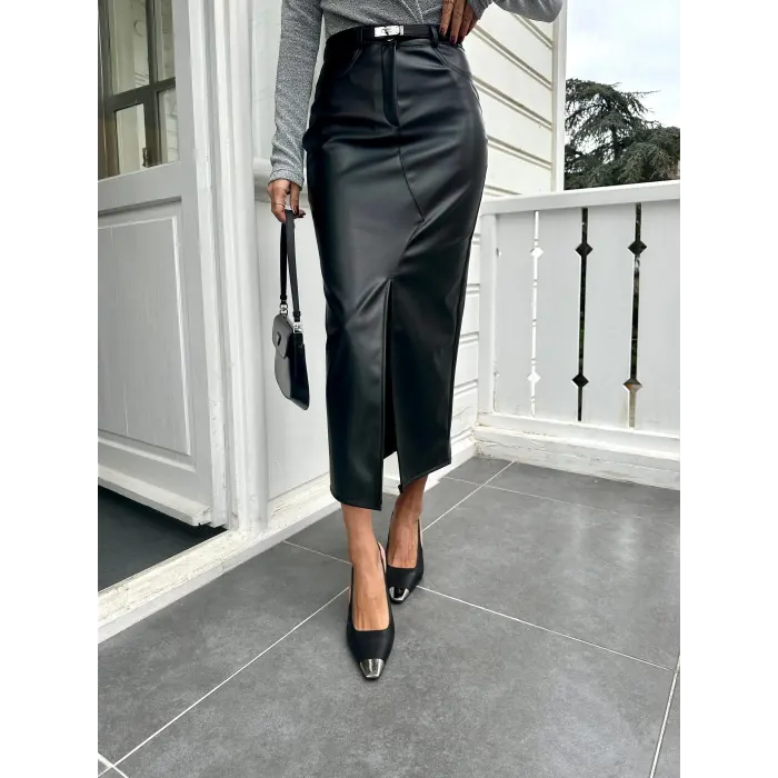 Arinsax Çıtçıtlı Önden Yırtmaçlı Deri Etek