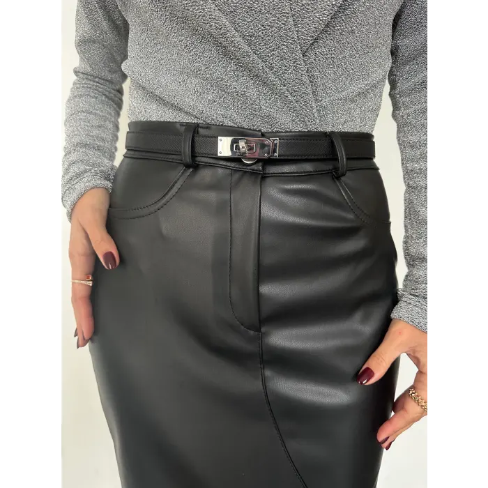 Arinsax Çıtçıtlı Önden Yırtmaçlı Deri Etek