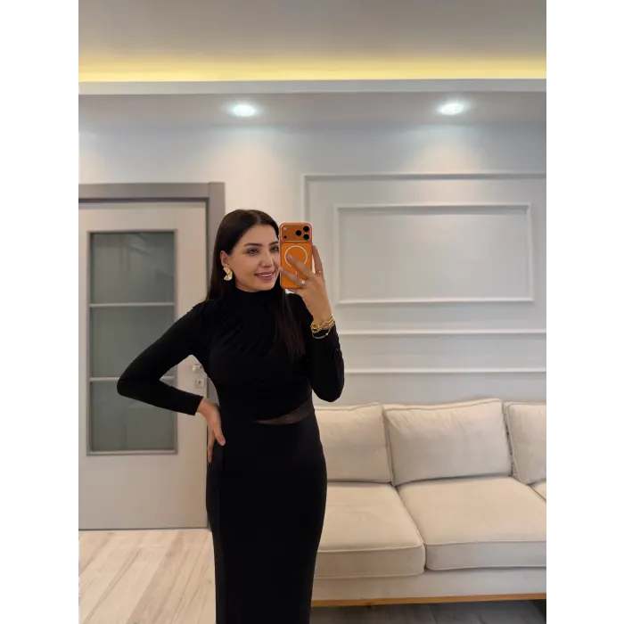 Bel Omuz Pile Beli Tül Detay Elbise