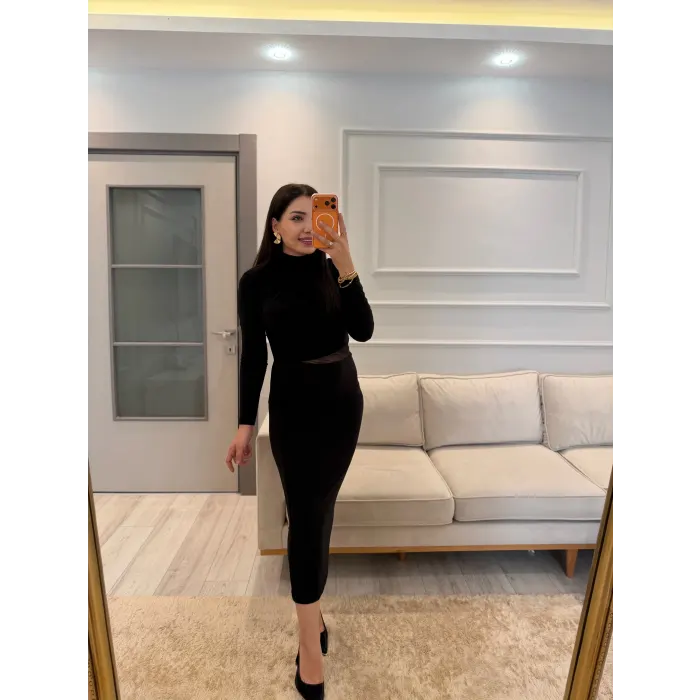 Bel Omuz Pile Beli Tül Detay Elbise