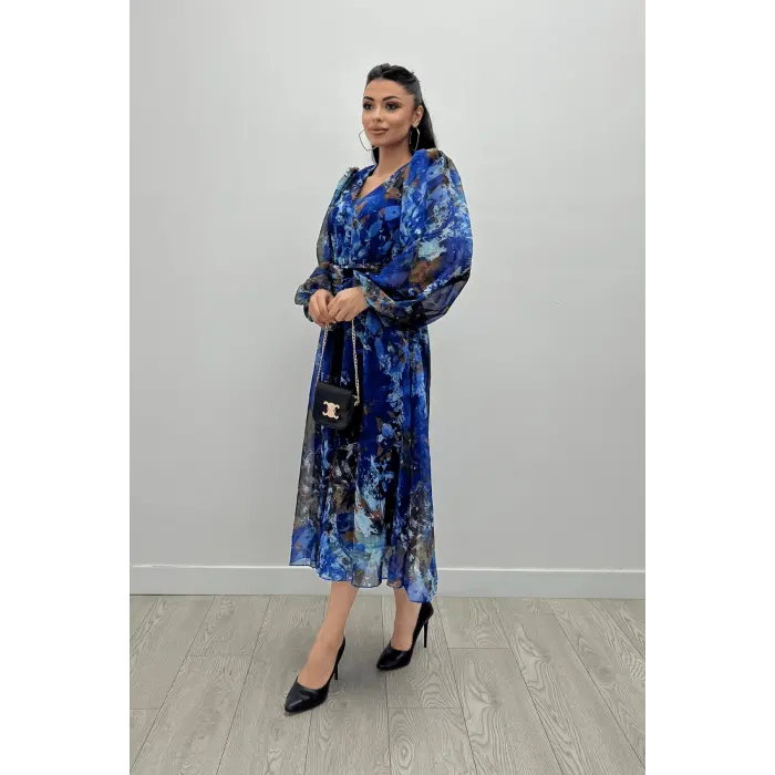 Berta Şifon Desenli Bel Lastikli Midi Elbise
