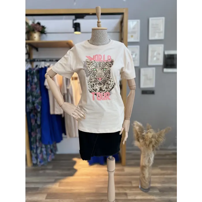 Bran Leopar Taşlı T-Shirt