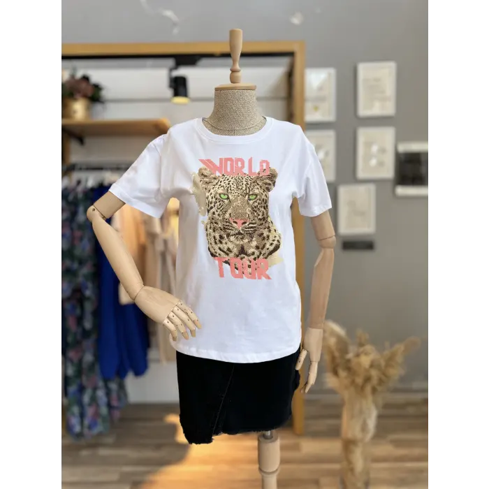 Bran Leopar Taşlı T-Shirt