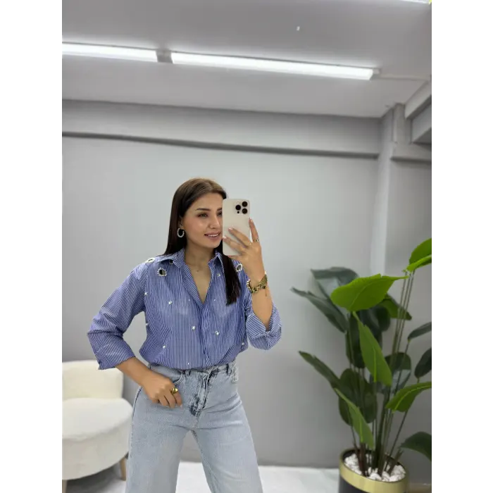 Brest Lazer Kesim İnci Taşlı Gömlek