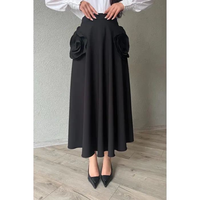 Dope Gül Detaylı Tasarım Midi Etek