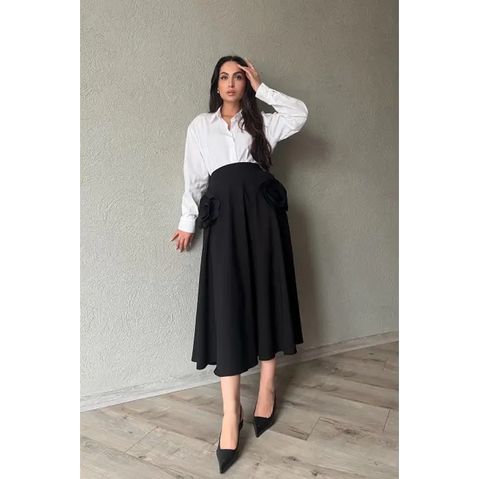 Dope Gül Detaylı Tasarım Midi Etek