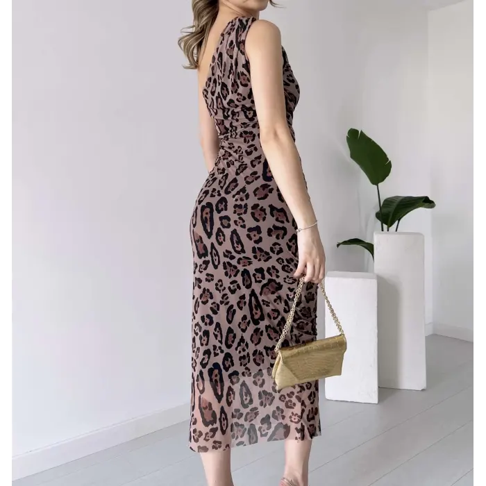 Downing Leopar Tek Askılı Tül Elbise